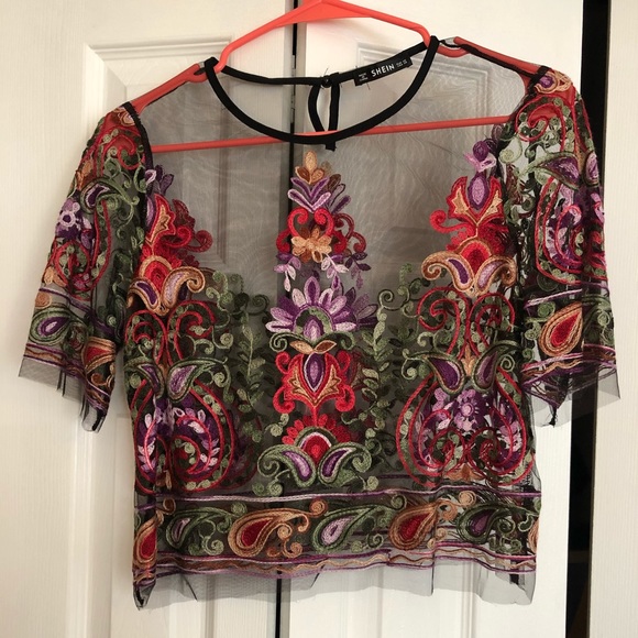 Tops - Embroidered sheer crop top